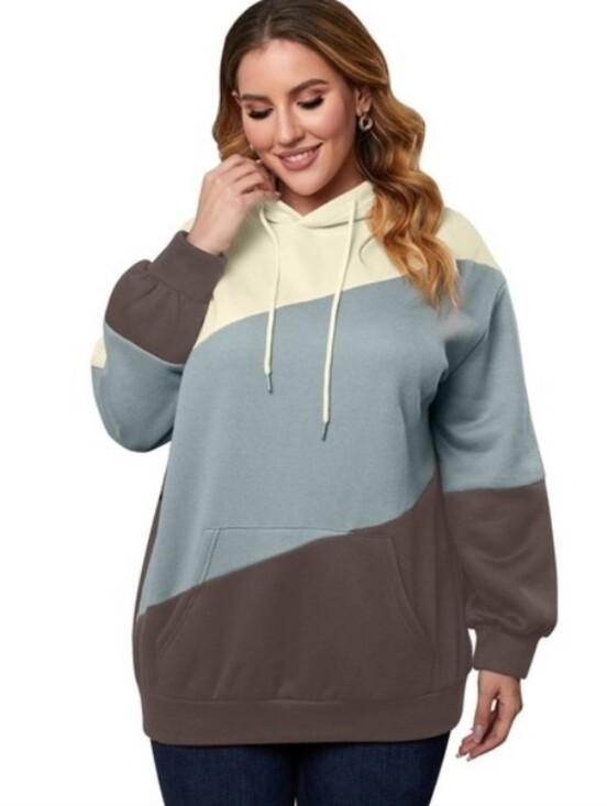 Style Cove Tops - BROWN CREAM GRAY KANGAROO POCKET DRAWSTRING HOODIE SIZE 1X (14-16)